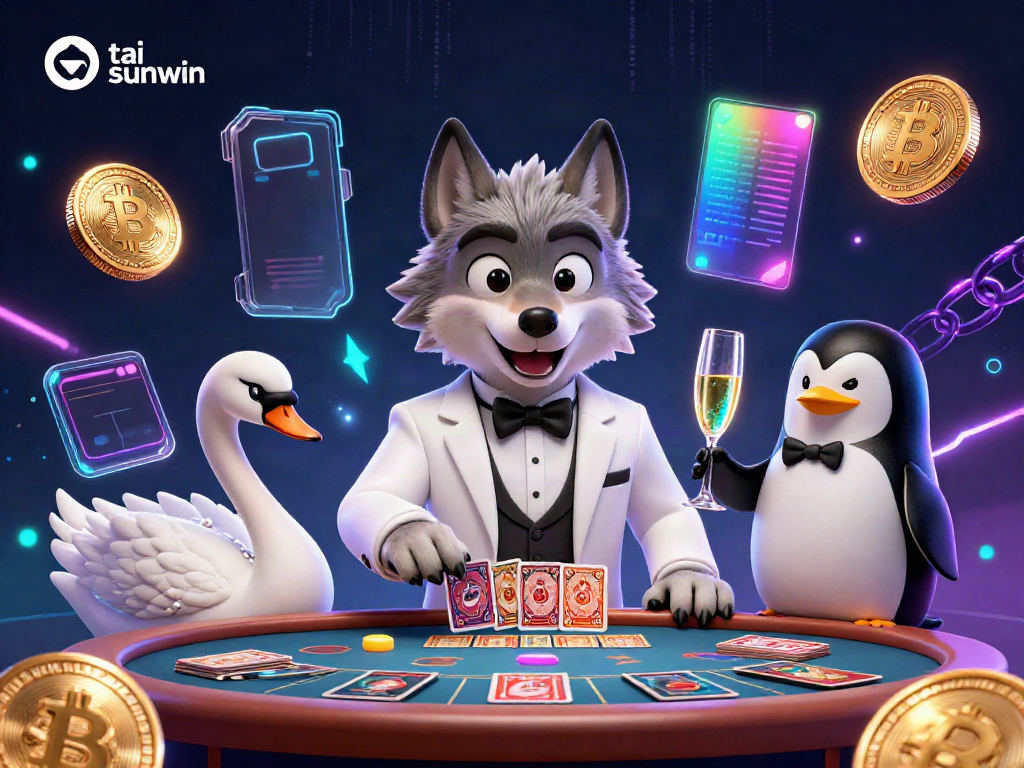 Experience the excitement of tai sunwin with a vibrant 3D illustration showcasing a debonair wolf, elegant swan, and sophisticated penguin at a baccarat table.