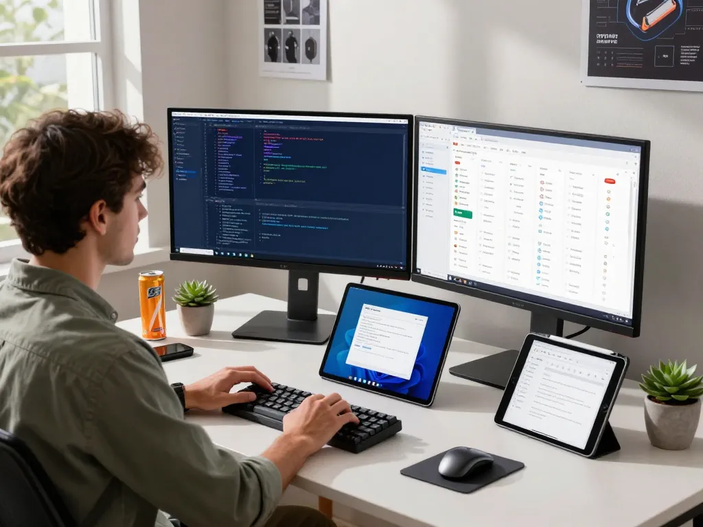 Developer using clawd bot in a modern workspace with dual monitors, laptop, and vibrant atmosphere.