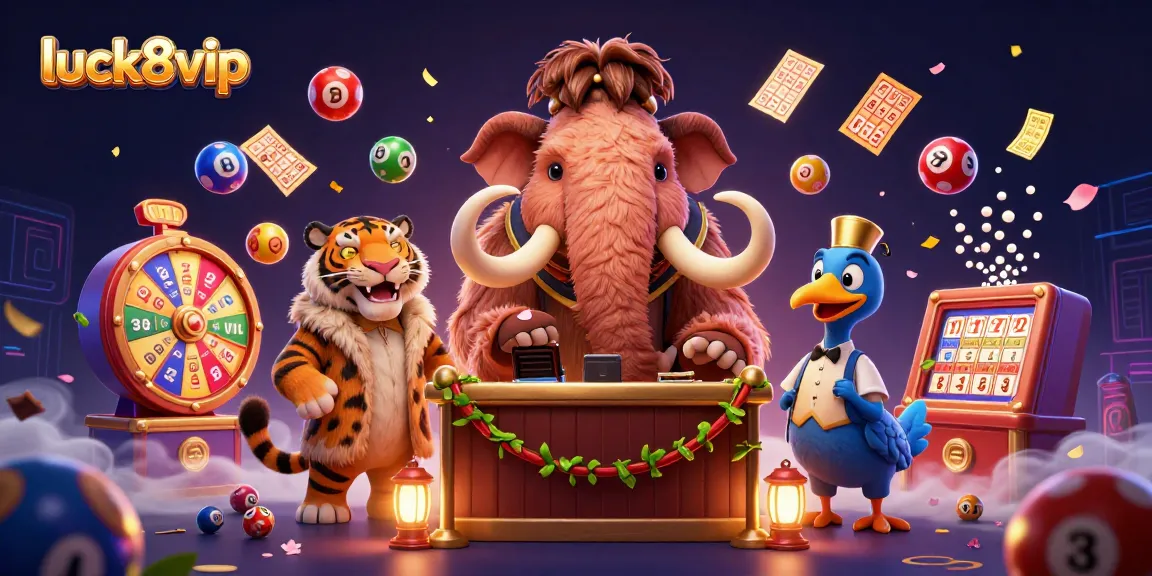 Join the excitement at luck8vip with a vibrant casino scene featuring a mammoth bouncer, VIP saber-tooth tiger, and dynamic lottery elements.