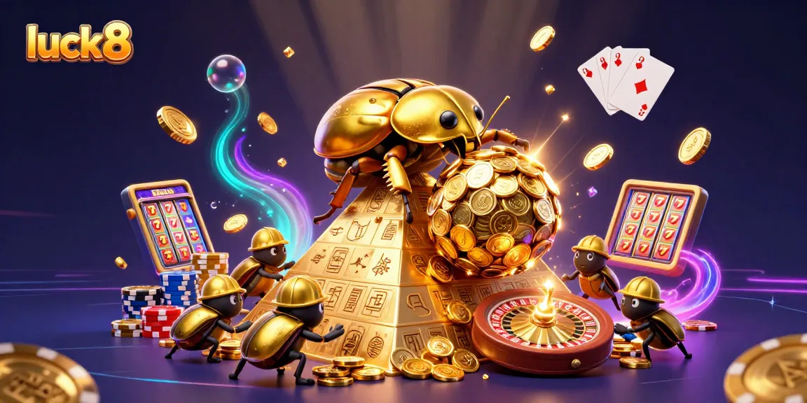 Engage with luck8 as golden beetles navigate a casino world filled with coins and game elements.