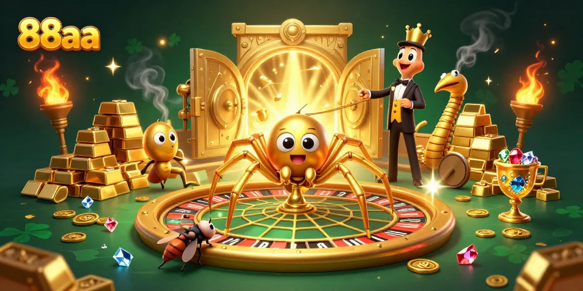 Engage with thrilling moments at 88aa, where a fly bets with a roulette wheel spun by a centipede, surrounded by treasures.