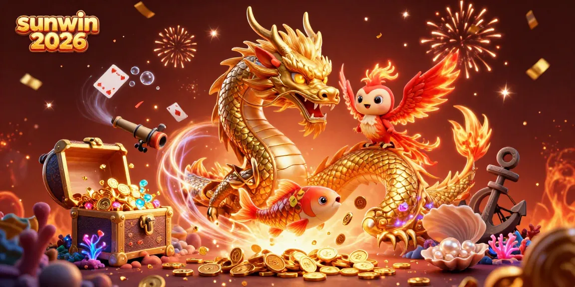Experience captivating gameplay with sunwin 2026's animated golden dragon amidst a treasure-filled casino scene.