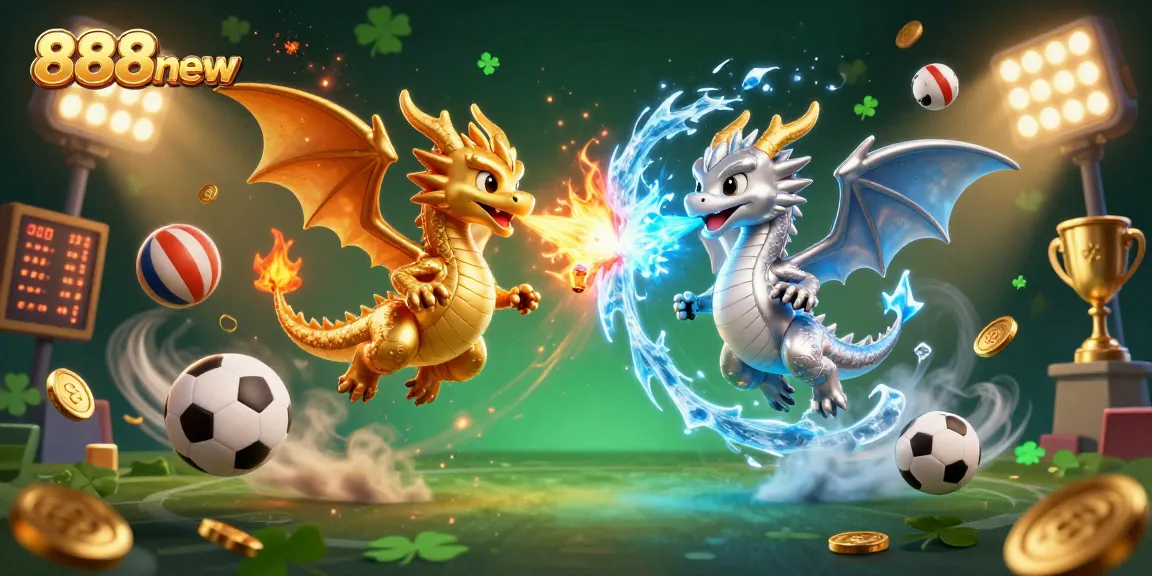 Place bets with 888new's dynamic gaming scene featuring intertwined dragons and vibrant sports elements.