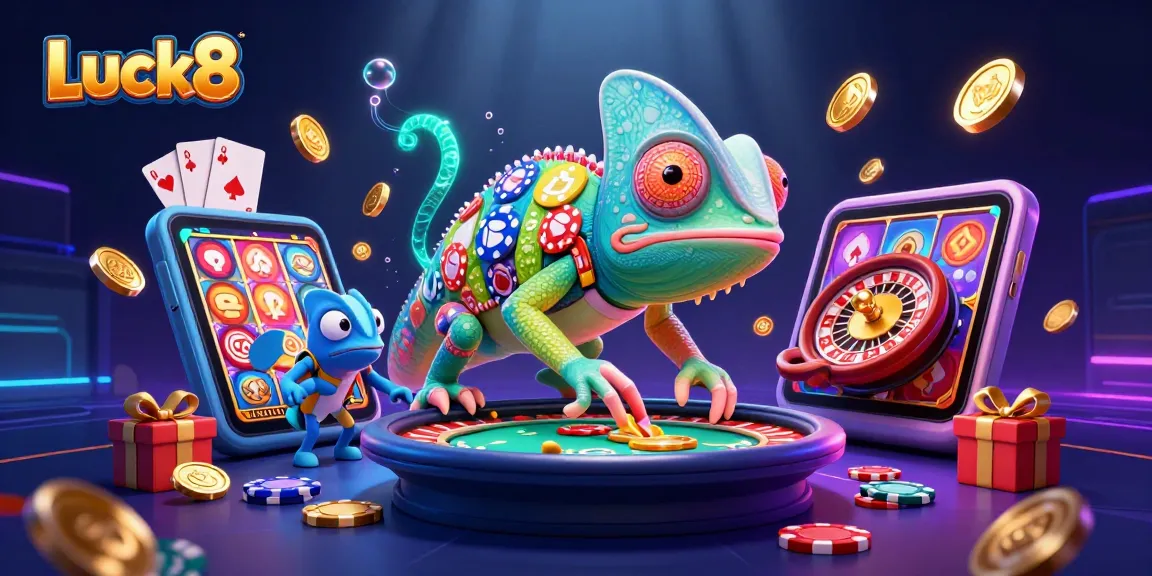 Luck8 chameleon casino owner catches coins with its tongue in a vibrant casino scene.