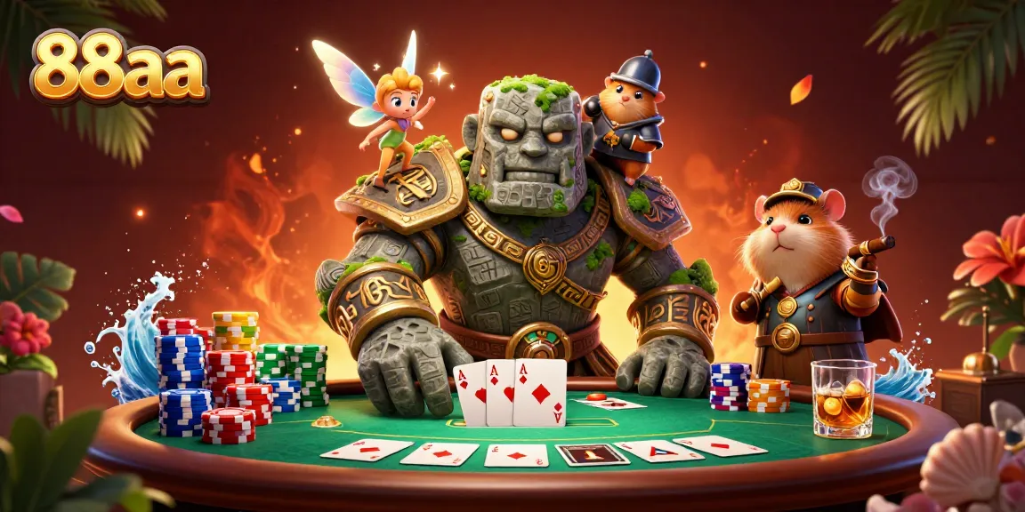 Join 88aa for a thrilling poker experience with a dynamic golem guardian and magical companions.