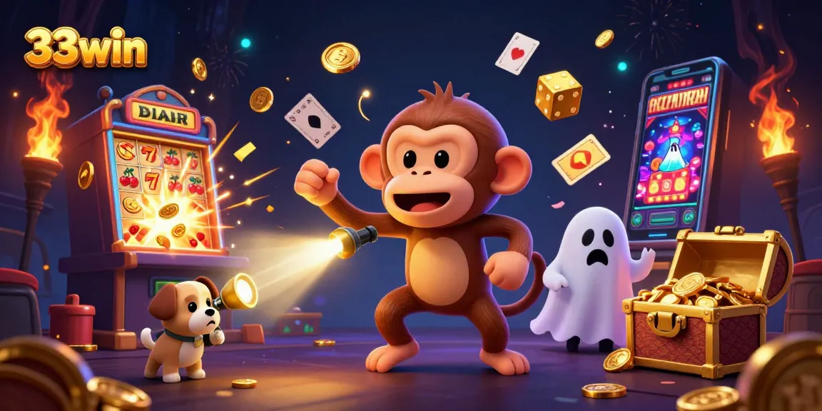 Experience thrilling wins with the playful 33win monkey juggling golden casino treasures in a haunted setting.