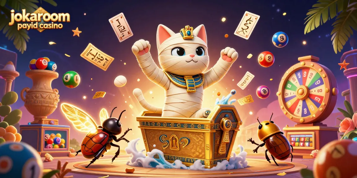 Participants at the jokaroom payid casino celebrate winning with vibrant lottery elements and an animated Egyptian-themed scene.