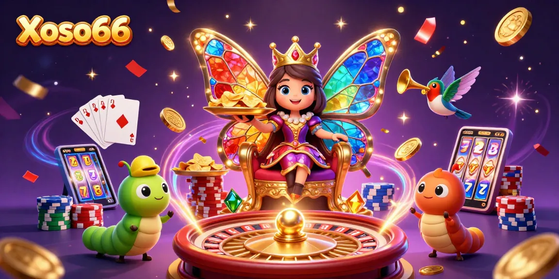 Xoso66 casino scene with a whimsical butterfly queen and gaming elements for thrilling entertainment.