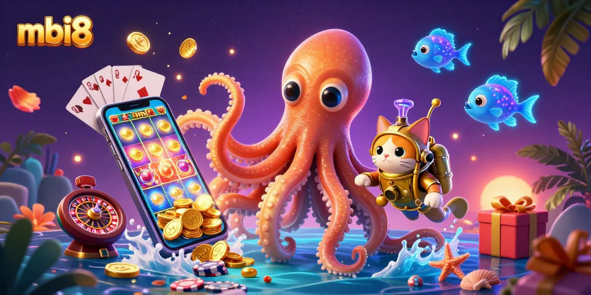 Engage with thrilling games at mbi8, featuring a kraken and a diving cat amidst casino treasures.