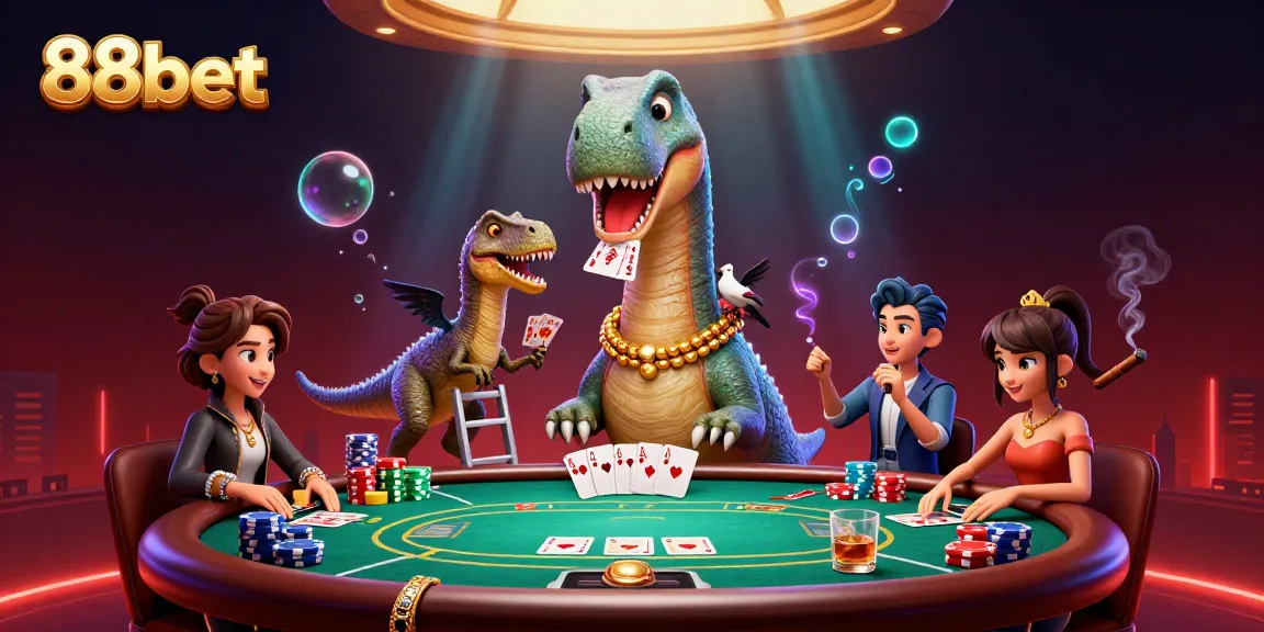 Engage in thrilling casino cards with 88bet's captivating cartoon scene featuring a poker table.