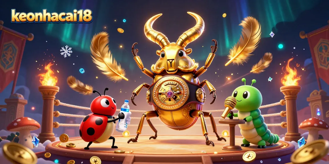 Bet on keonhacai18 with thrilling visuals of a beetle boxing champion in a vibrant casino arena.