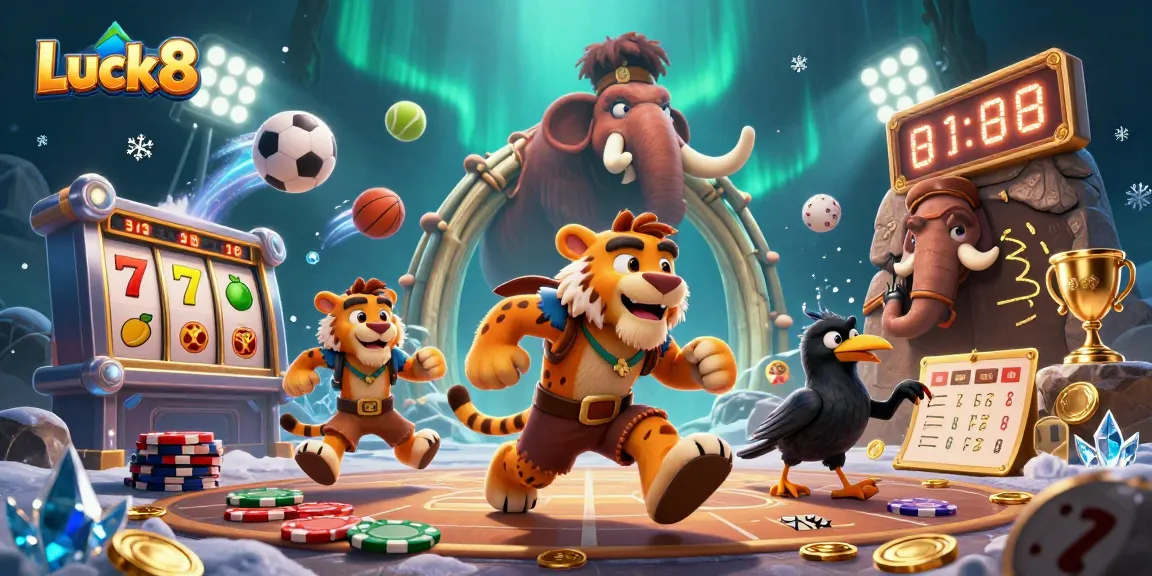 Luck8 features thrilling slot reels and sports elements in a vibrant casino scene.