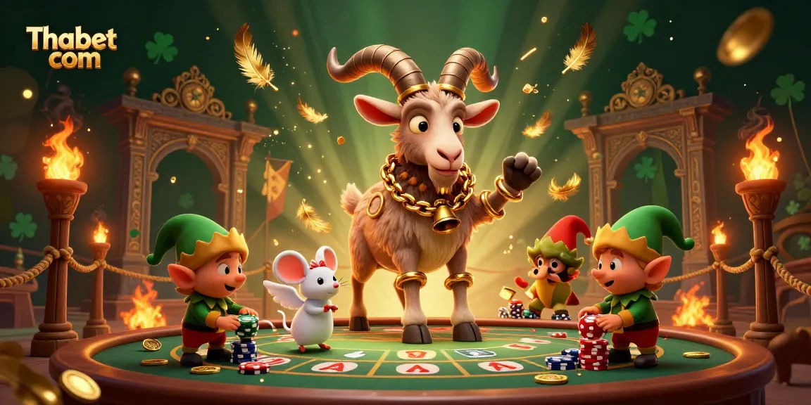 Engage with Thabet com in a vibrant casino scene featuring a Krampus goat, angel mouse, and elf gremlins.
