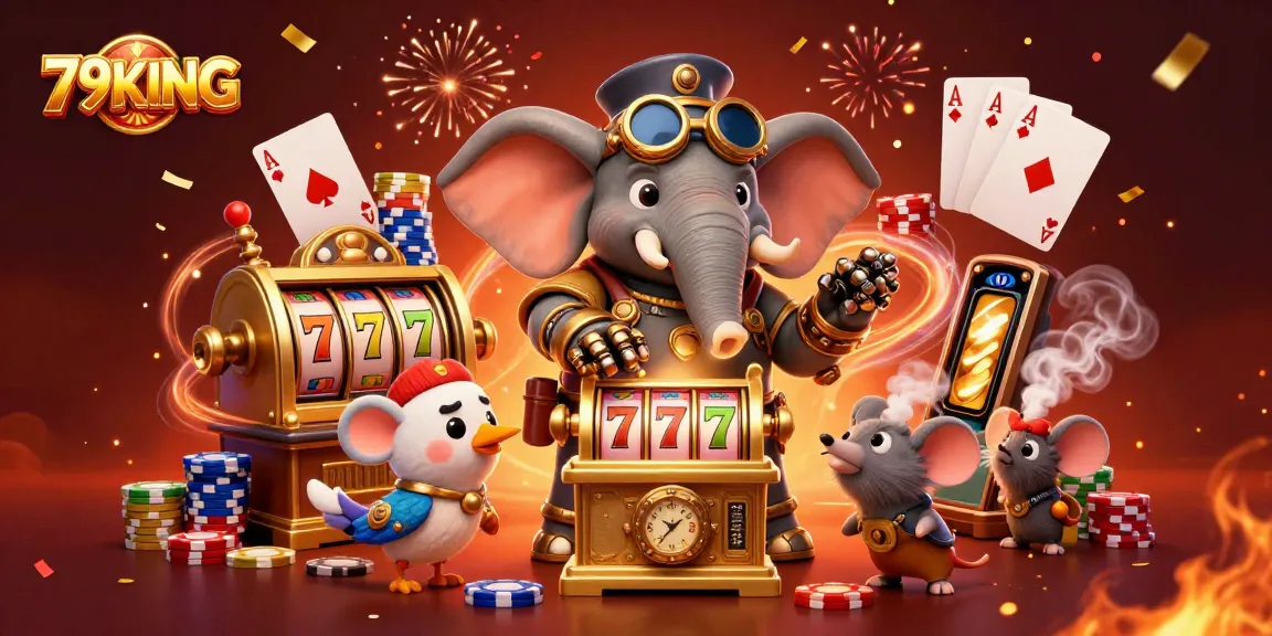 Spin the golden slot machine with fun characters in 79KING's lively casino scene of excitement.